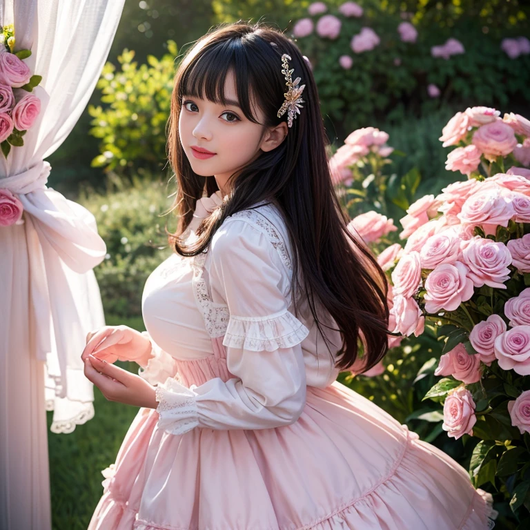 Bow tie at the back of the waist, There is a bow on the back,Sideways photo, Skirt length to calf, cupcake dress, Layered skirt with lace on each layer, Put on a lolita dress, layered dress, Pink Lolita dress, lots of lace, Long sleeve, Wide sleeves, Big Skirt, Layered lace skirt, Puff sleeves, Wide sleeves, Transparent sleeves, intricate details showcase the ruffles and intricate designs of the Lolita dress, Wearing a lolita dress, in a sea of flowers, best quality, Delicate face,beautiful visual work, lifelike, eternity, black hair, Long curly hair, blunt bangs, Smile, Detailed Background, Delicate face,blush,cold,((masterpiece))、(top quality)、8k、high detail、Super detailed,41 years old,woman, masterpiece、born、Scenes resembling fairy tale illustrations、intricate details和複雜的設計、Beautifully、magic、capricious、 Beautifully、Dream aesthetics、「𝓡𝓸𝓶𝓪𝓷𝓽𝓲𝓬、ethereal、charming、fickle、magic」、realism、Visual effects、FXAA、SSAO、Shader、voiceless、ambient lighting、Tone mapping、High resolution、Ultra high quality、Million pixels、(8K resolution:1.10)、8k、8k以下、8K resolution、high detail、intricate details, (high quality:1.2、masterpiece:1.2、:1.21)、(41 years old,woman:1.21)、(興奮地Smile)、(Surrounded by a dreamy atmosphere、Model diagram,full-body shot,Normal 2 feet,Put your hands behind your back,Breast protrusion visible when wearing clothes, Large Breasts, H cup chest, pink clothes, Don't show your fingers, full-body shot, full-body shot,full-body shot,full-body shot,full-body shot,full-body shot,full-body shot,full-body shot,Hands hidden in clothes, Hands hidden in clothes,Hands hidden in clothes,Hands hidden in clothes,Hands hidden in clothes,Hands hidden in clothes,Hands hidden in clothes,Hands hidden in clothes,Hands hidden in clothes, ,Hide your hands in your sleeves ,Hide your hands in your sleeves ,Hide your hands in your sleeves ,Hide your hands in your sleeves ,Hide your hands in your sleeves ,Hide your hands in your sleeves ,Hide your hands in your sleeves ,Hide your hands in your sleeves, Put your arms behind your back, Put your arms behind your back,