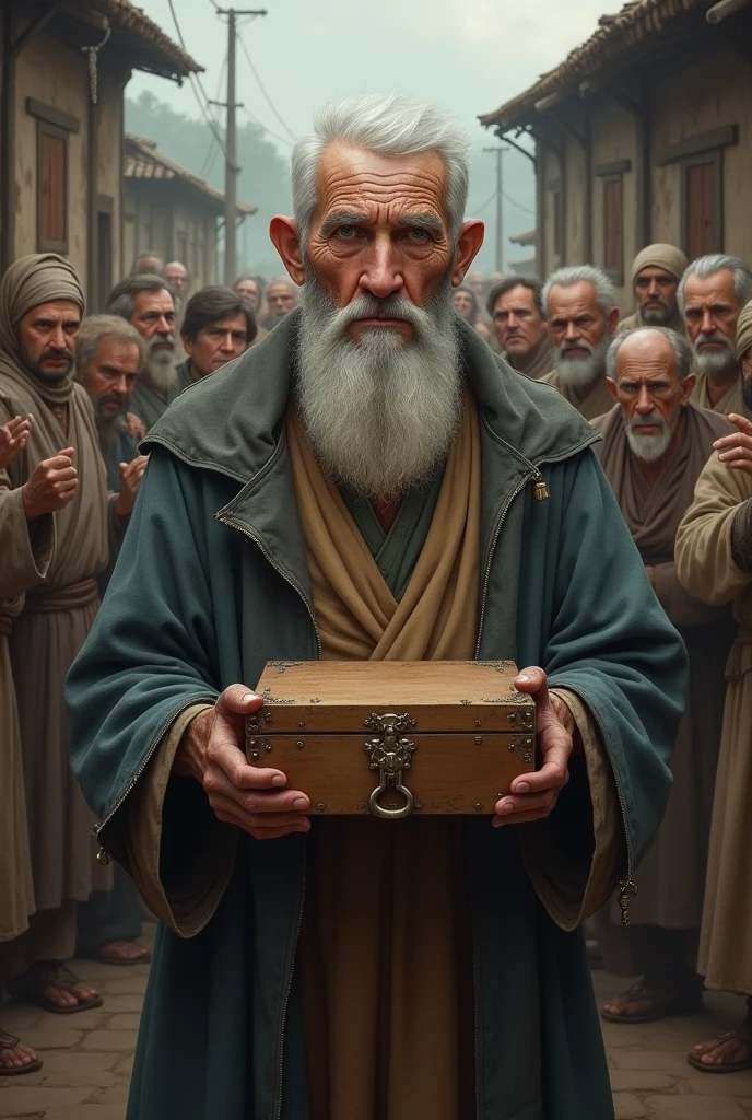 Key Elements: The elderly man holds a symbolic, empty box with a lock, signifying the missing valuable. Villagers are gathered around, some in questioning postures, others in contemplation.