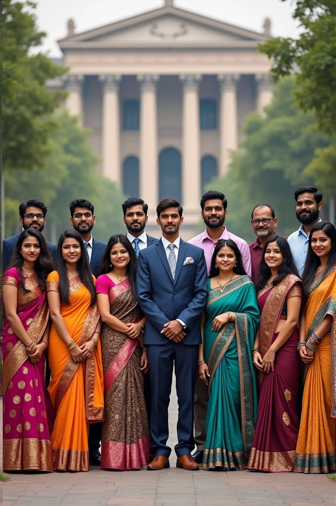 Make a photo of exact 23 Indian men and women (in formal dresses some in sari some in jean top). Add a background of IIT institute but don't add any name