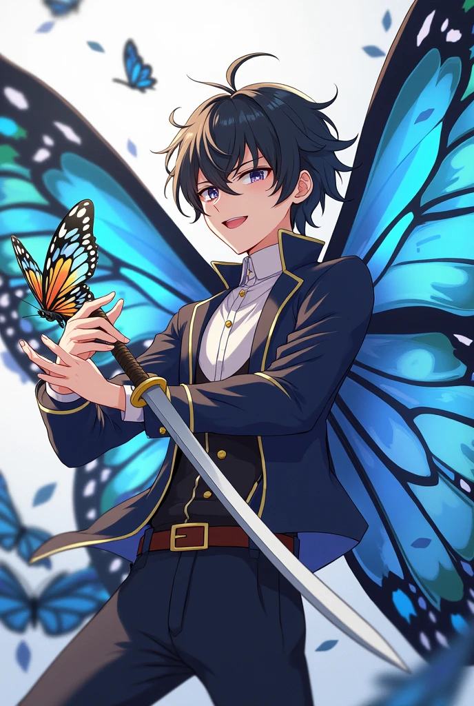 Anime with butterfly wings holding a sword and a butterfly, Demon Slayer Louis Fan Art, Demon Slayer Art Style, Demon Slayer Art Handsome Man, Anime Moe Art Style, Maya Faye, Daace Attorney, Clean and detailed anime art, Insect Trainer, Detailed fan art, Highly detailed and exquisite fan art, Highly detailed official artwork, High quality anime art, Detailed Anime Character Art, Better Quality, 8k