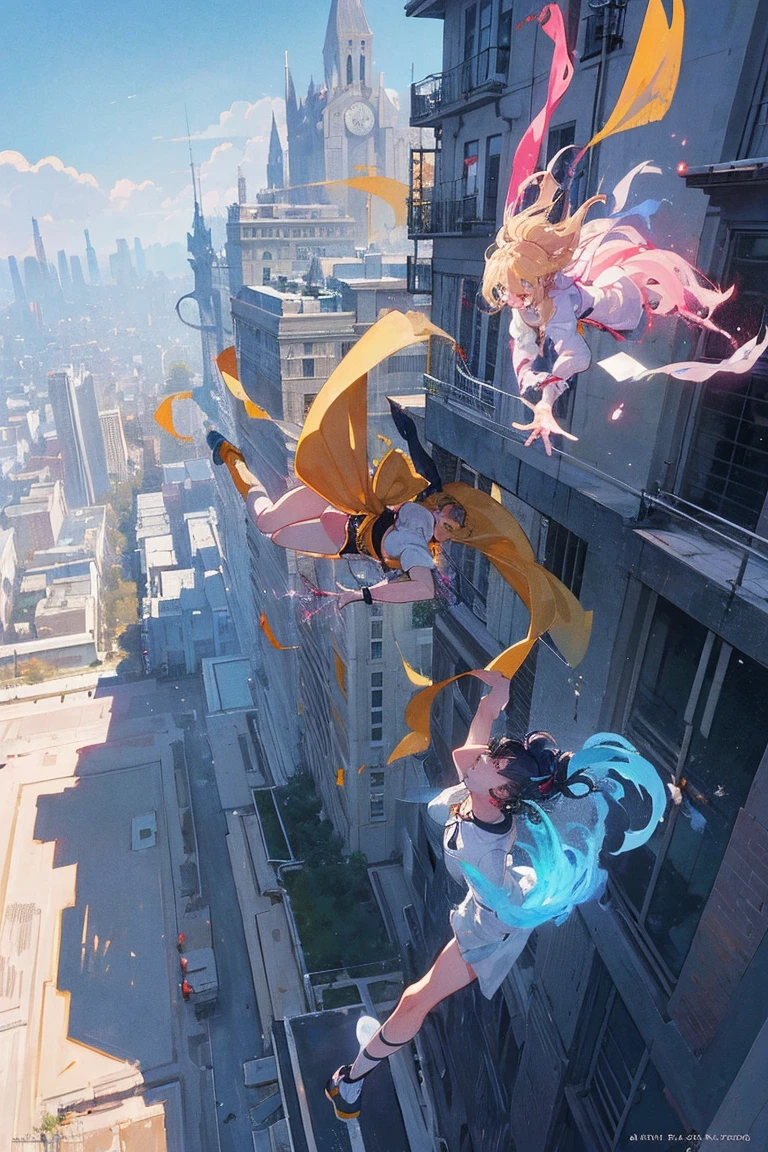 (masterpiece、Highest quality、Official Art:1.2)、Look at the viewers、(Chiquita,and))、(Parkour Clothing,Colorless hair)(leaping from a building! ︎)(Showing off parkour! ︎),Mysterious Island、light group),floating colorful air、(2D:1.5)