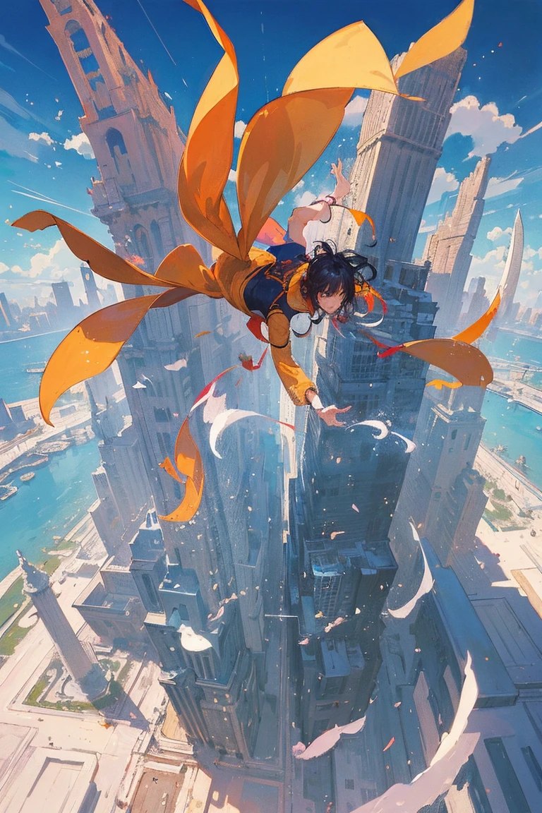 (masterpiece、Highest quality、Official Art:1.2)、Look at the viewers、(Chiquita,and))、(Parkour Clothing,Colorless hair)(leaping from a building! ︎)(Showing off parkour! ︎),Mysterious Island、light group),floating colorful air、(2D:1.5)