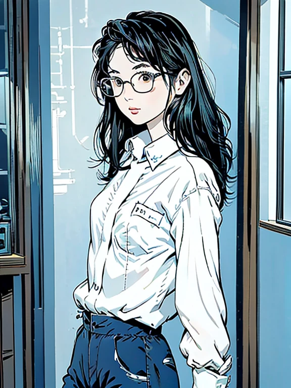 blue theme, (masterpiece:1.2, highest quality), (Realistic, photoRealistic:1.4), Beautiful illustrations, (Natural Side Lighting, Cinema Lighting), Written boundary depth, Beautiful thighs staring at the viewer, 1 female, 20-year-old, alone, thin, slender, (small breasts), long Hair, curly Hair, Forehead, Forehead, Forehead, Forehead, thin, slender, glasses, ((Skinny black pants, collared white shirt)), Are standing, (((glasses)))