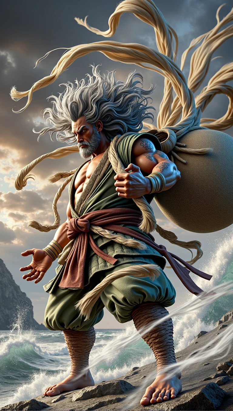 "Create an ultra-realistic, 8K resolution image of Fujin, the Japanese god of wind, in a vertical 9:16 aspect ratio. Fujin is depicted as a powerful, muscular figure with wild, silver hair flowing fiercely in the wind, symbolizing his command over the elements. He wears traditional, weathered clothing that flutters dynamically around him, accentuating the raw, elemental power he embodies. His body is adorned with ancient, intricate tattoos that highlight his divine nature, and he carries a large, weathered sack over his shoulder, from which the wind seems to be unleashed.

The setting is a rugged, coastal landscape with crashing waves below and a sky filled with stormy clouds, all swirling in response to Fujin's presence. His intense, focused expression captures the essence of his role as the master of the winds. The image should convey a sense of both awe and reverence, blending traditional Japanese iconography with a modern, dynamic portrayal of this powerful deity."