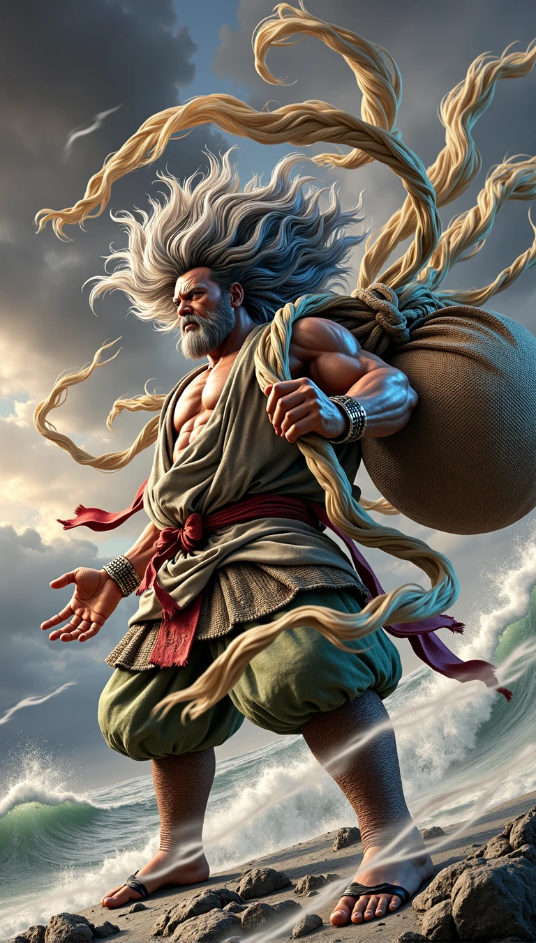 "Create an ultra-realistic, 8K resolution image of Fujin, the Japanese god of wind, in a vertical 9:16 aspect ratio. Fujin is depicted as a powerful, muscular figure with wild, silver hair flowing fiercely in the wind, symbolizing his command over the elements. He wears traditional, weathered clothing that flutters dynamically around him, accentuating the raw, elemental power he embodies. His body is adorned with ancient, intricate tattoos that highlight his divine nature, and he carries a large, weathered sack over his shoulder, from which the wind seems to be unleashed.
The setting is a rugged, coastal landscape with crashing waves below and a sky filled with stormy clouds, all swirling in response to Fujin's presence. His intense, focused expression captures the essence of his role as the master of the winds. The image should convey a sense of both awe and reverence, blending traditional Japanese iconography with a modern, dynamic portrayal of this powerful deity."