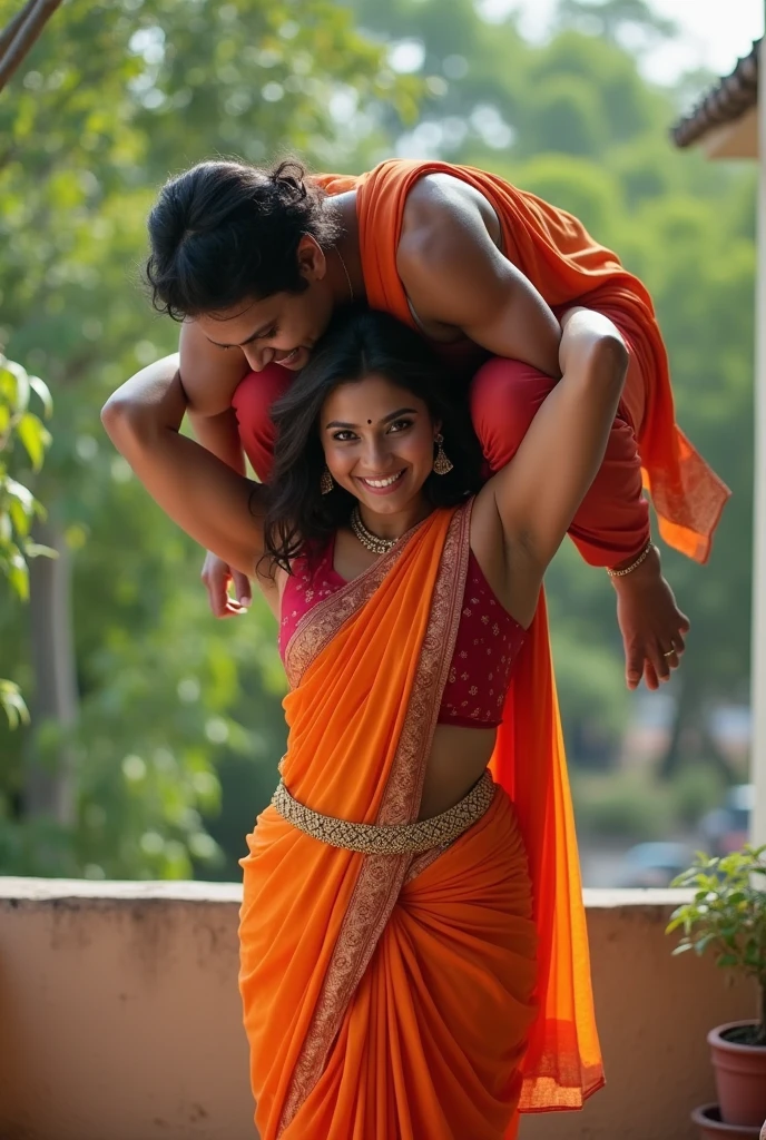 a tall, beautiful Indian actress in saree carrying an overweight man over her head by her shoulders in home balcony , natural smile, she has strong arms, traditional