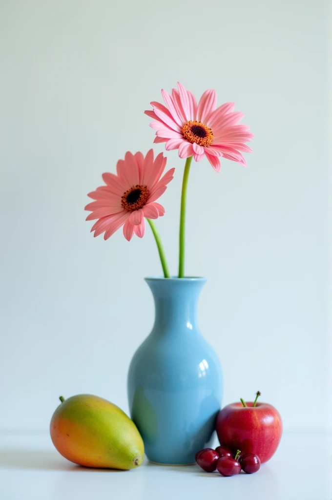 Plain blue vase with 2 plain pink flowers, 1 red apple, 1 green mango , 1 ripe orange and 2 cherries