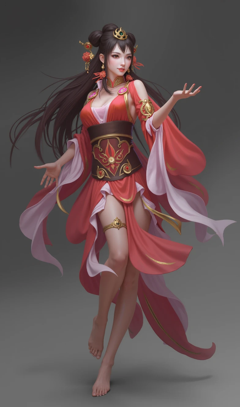 sparkle_honkai,1girl,((stand posing for photo)),short kimono,bare shoulders, beautiful eyes, twintails,black hair,long hair,flower hair ornament,bare legs, full body,(wide shot,realistic,photorealistic), (masterpiece, best quality, high quality), (colorful), (delicate eyes and face, realistic skin, moderately large breasts), volumatic light, ray tracing, extremely detailed CG unity 8k, profesional studio lighting, white wall