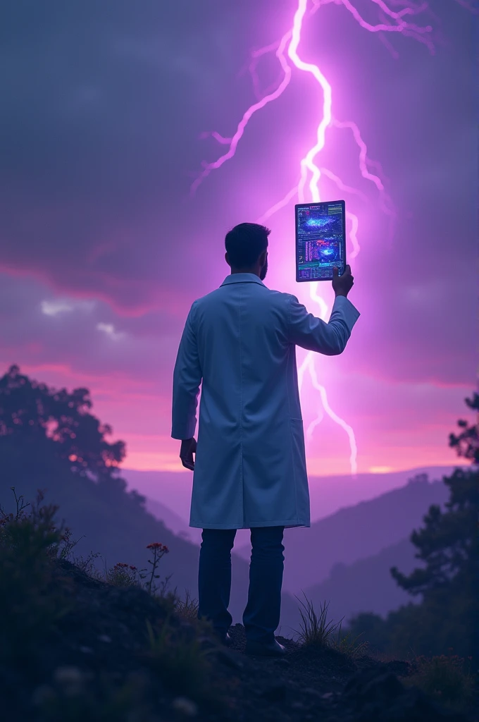 Generate a doctor holding up a piece of BIOTECHNOLOGY facing the pic, landscape and with purple aura
