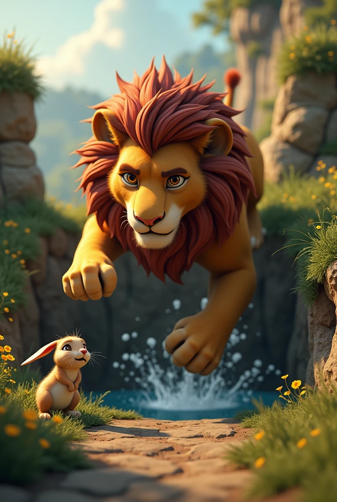 In 3d animation style real cinematic images " The lion falling into the well, with a splash or an action line to show the sudden drop, while the rabbit watches from a safe distance with a relieved expression.
