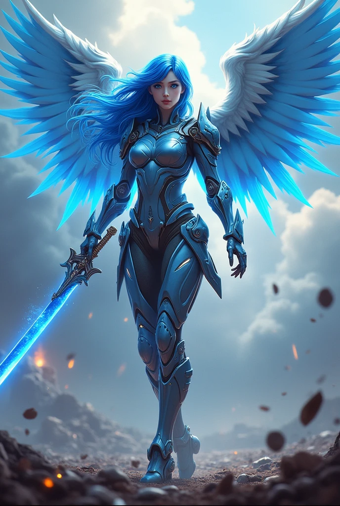 blue hear,thunder archangel Raphael,war effect,REAL - style image of a woman with a sword in a field, cyberpunk art inspired by Leng Mei, cgsociety contest winner, fantasy art, beautiful cyborg angel girl, angel knight girl, as a mystical valkyrie, battle angel, angel in plastic armor, mechanized valkyrie girl, unreal engine 4k wallpaper, wraith from apex legends, epic angel wings