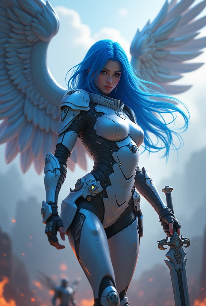 blue hear,thunder archangel Raphael,war effect,REAL - style image of a woman with a sword in a field, cyberpunk art inspired by Leng Mei, cgsociety contest winner, fantasy art, beautiful cyborg angel girl, angel knight girl, as a mystical valkyrie, battle angel, angel in plastic armor, mechanized valkyrie girl, unreal engine 4k wallpaper, wraith from apex legends, epic angel wings