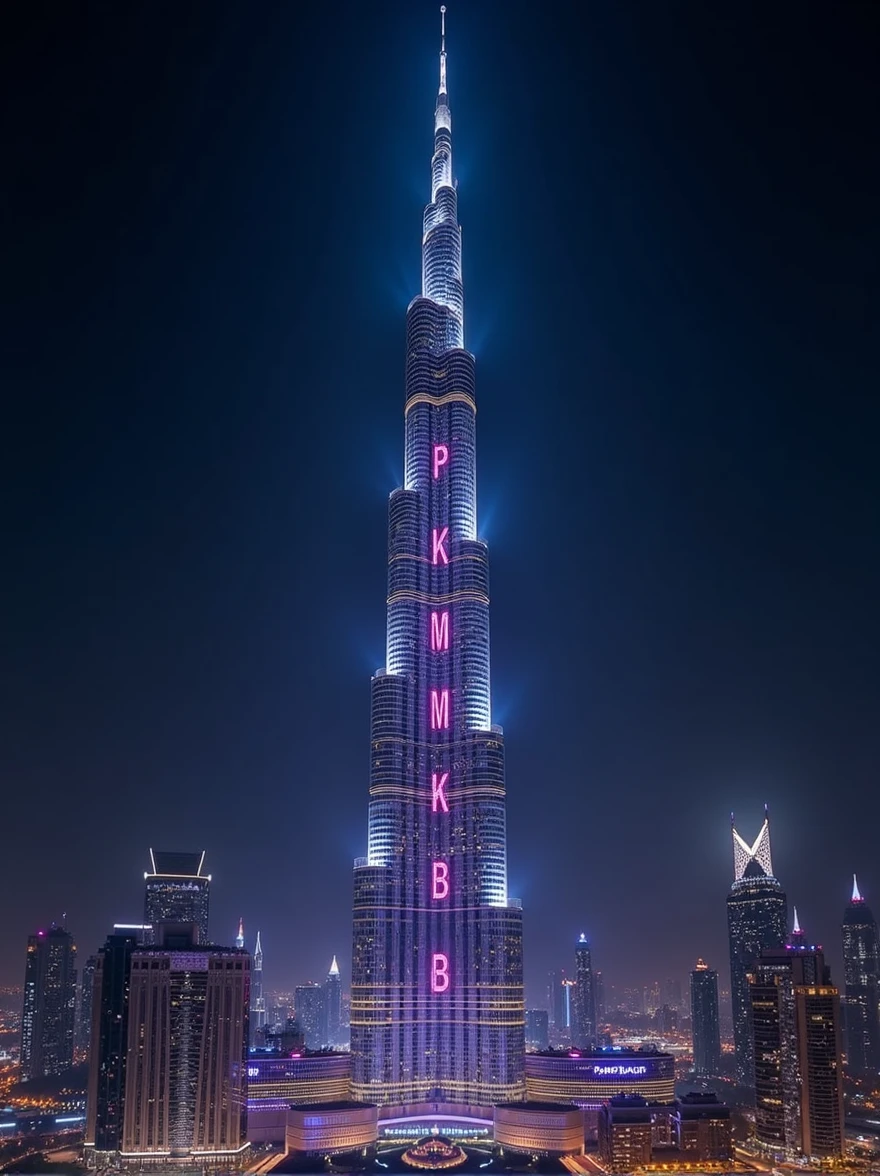 "PKMKB" displaying on Burj khalifa with lights at night
