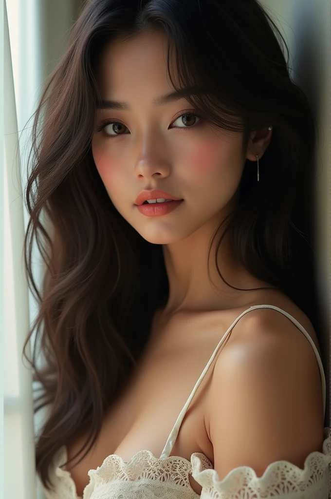 a hot girl with black hairs 20years age for youtube vedios hyper realistic
