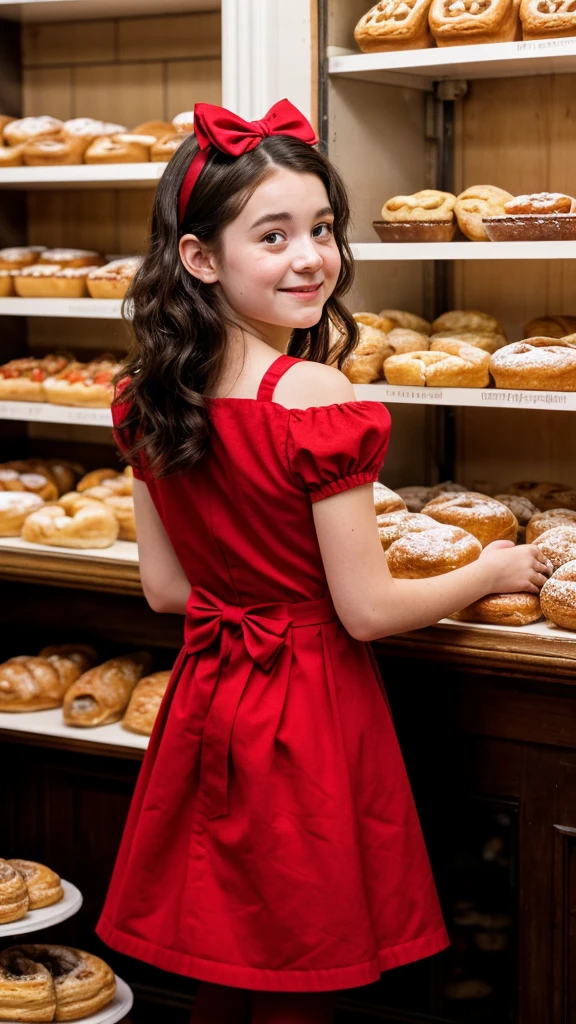 A young woman inspired by Kiki from 'Kiki's Delivery Service,' with short, wavy dark hair and a large red bow in her hair. She is wearing a black dress and standing infront of  a cozy bakery, reminiscent of the setting in the movie. The woman has a thoughtful expression and is looking over her shoulder at the camera. The background is softly blurred, showing shelves with bread and pastries, capturing a warm, nostalgic atmosphere.