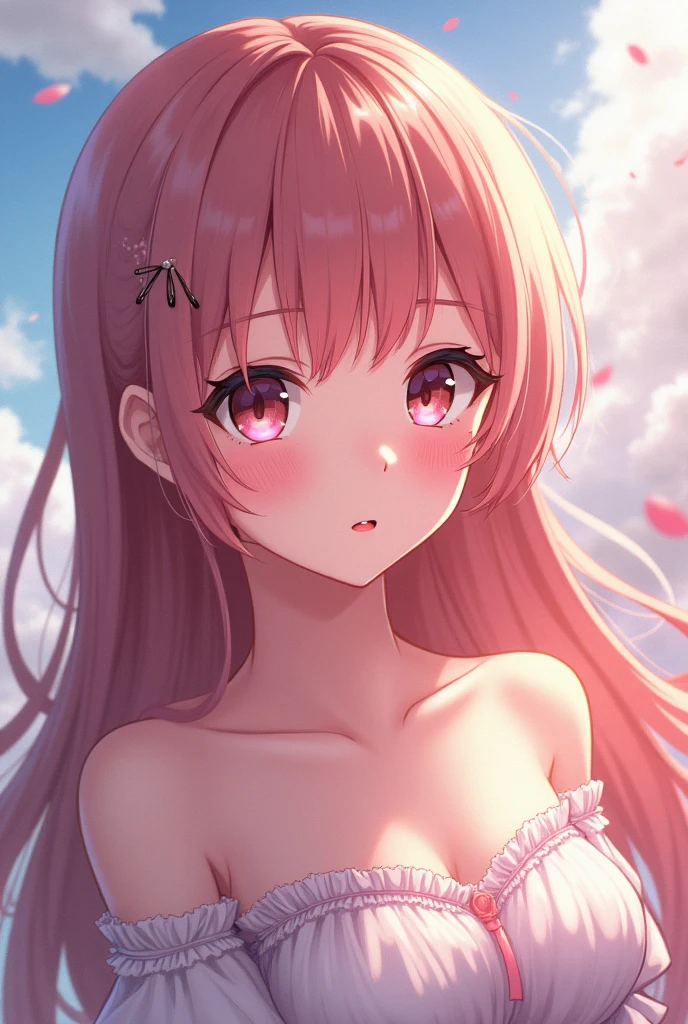 Pink brown hair,Long Hair,Pink Eyes,Drooping eyes,Large Breasts, smile, daughter,pink prom dresses,Anime Style,Moe character,cute,1,Clear,cherry blossoms