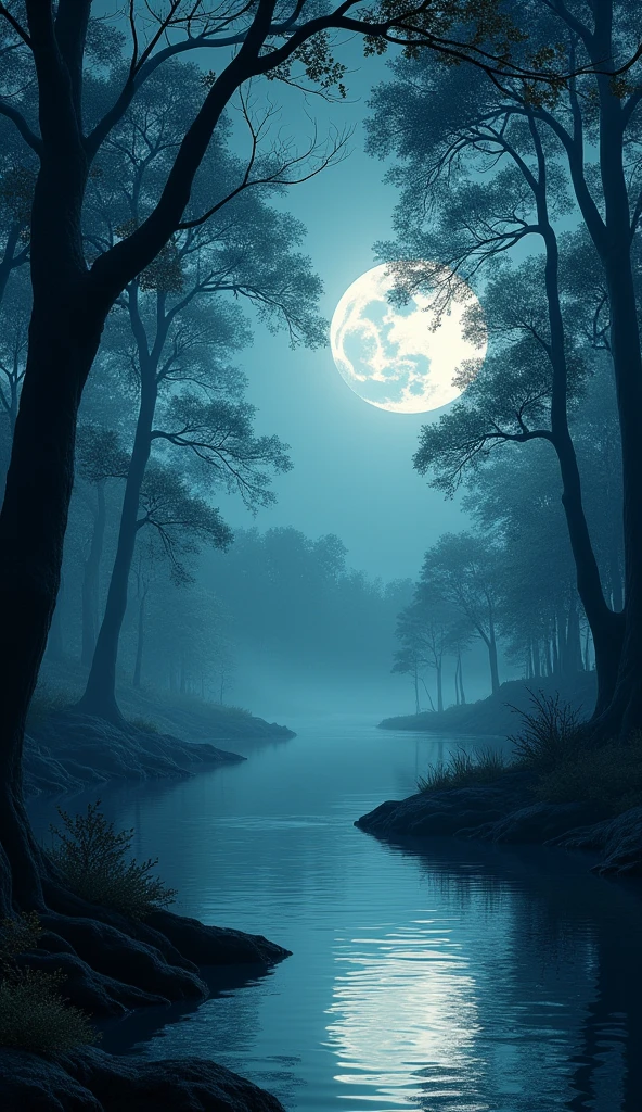 forest　moon　nature　moon明りが湖面に反射