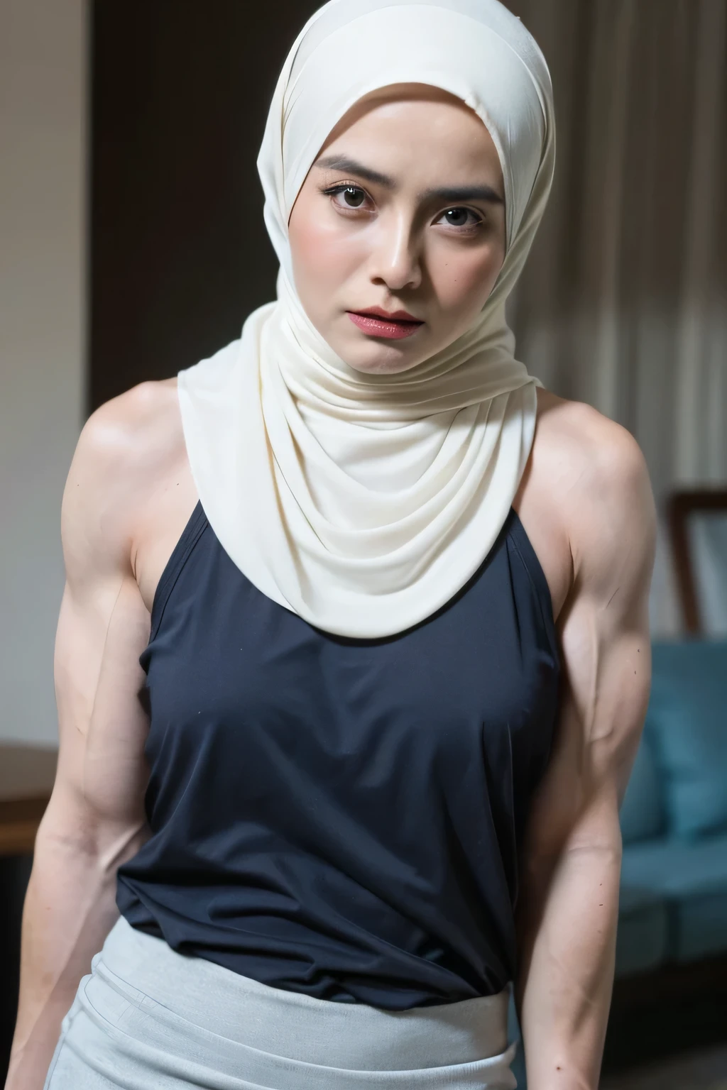 SCARFS, ((Bright Floral Pattern)), ((Short Pencil Skirt)), (Pencil Singlet floral pattern), (Arm Muscles:1.8), ((Neck Lace)), ((6x-UltraSharp)), Milf Bitch, ((Singlet)), Straddling, ((Naked white)), ((Old Lady :1.6)), Very cute like a Matured Lady, ((Stylo Stylish Hijab)), adorable, 2 girl, 55 years old, baby face, shy, half body portrait, ((ANGRY FACE EXPRESSION)), (face details: 1), (eye details: 1), Cute posed. proportional body. Ultra High Res. (realistic: 2), UHD, Tiny breasts