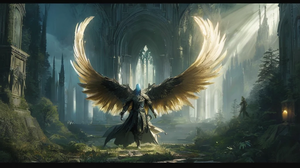 In a medieval dark fantasy scene, show Veridith, the grand Guardian of the skies, emerging from a grand cathedral situated in the heart of an ancient, dense forest. His body is bathed in golden light, and his massive silver wings spread wide, catching the light as he prepares to take flight. His pale blue eyes stand out against the dark, stormy sky. Surrounding him, towering trees and thick foliage create a mystical, shadowy atmosphere. The cathedral behind him is gothic and weathered, blending into the forest. The afternoon light filters through the trees, casting dramatic shadows and illuminating Veridith’s awe-inspiring presence as he ascends into the sky.