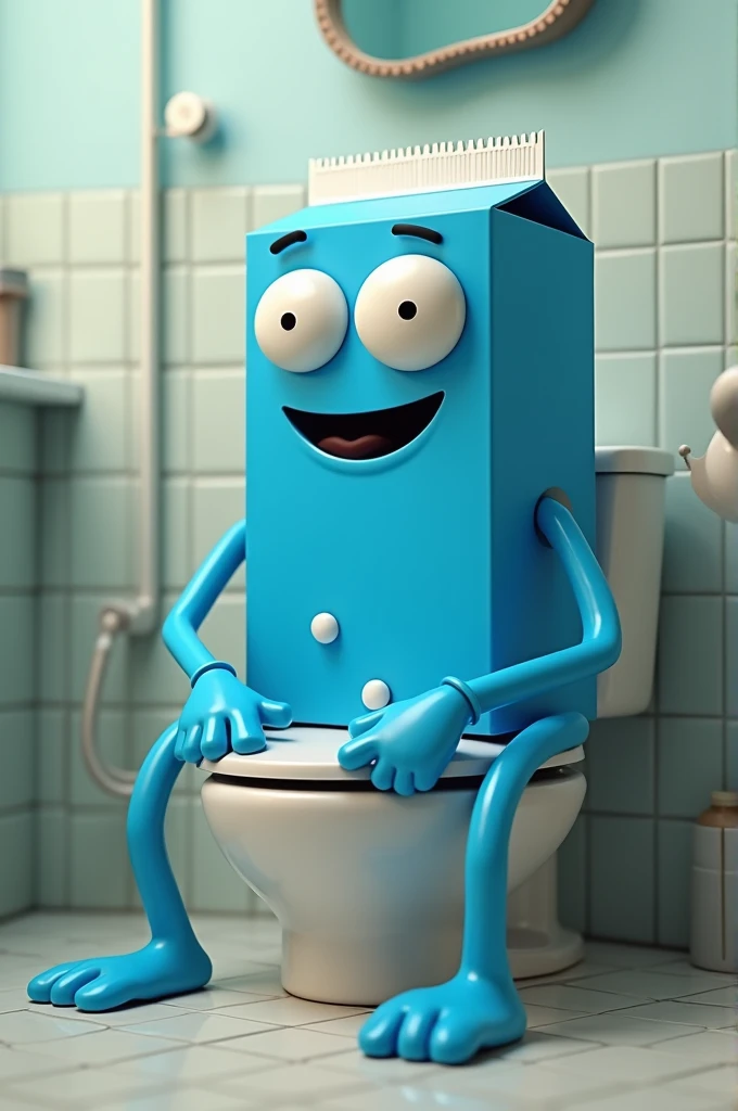 Blue milk carton poops in the toilet and pees