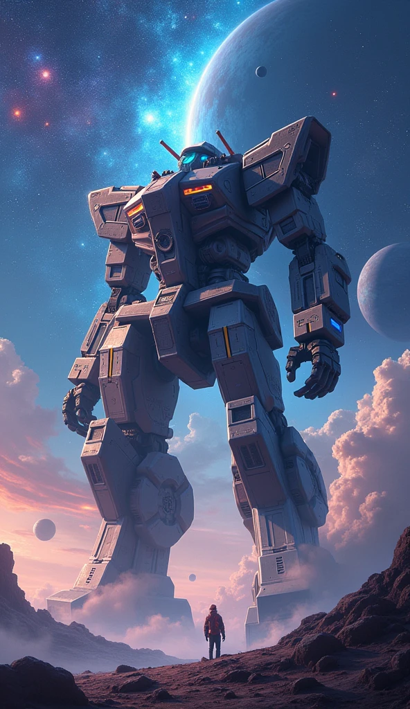 Sci-fi, cosmic Giant weapon, space, nebulas, planeta and stars, planet destroyed, anime style