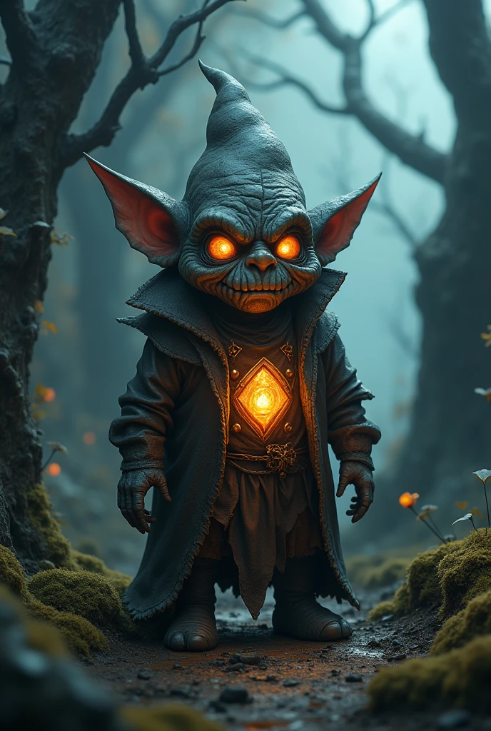 Gnome with gem embedded in chest With face of old demon