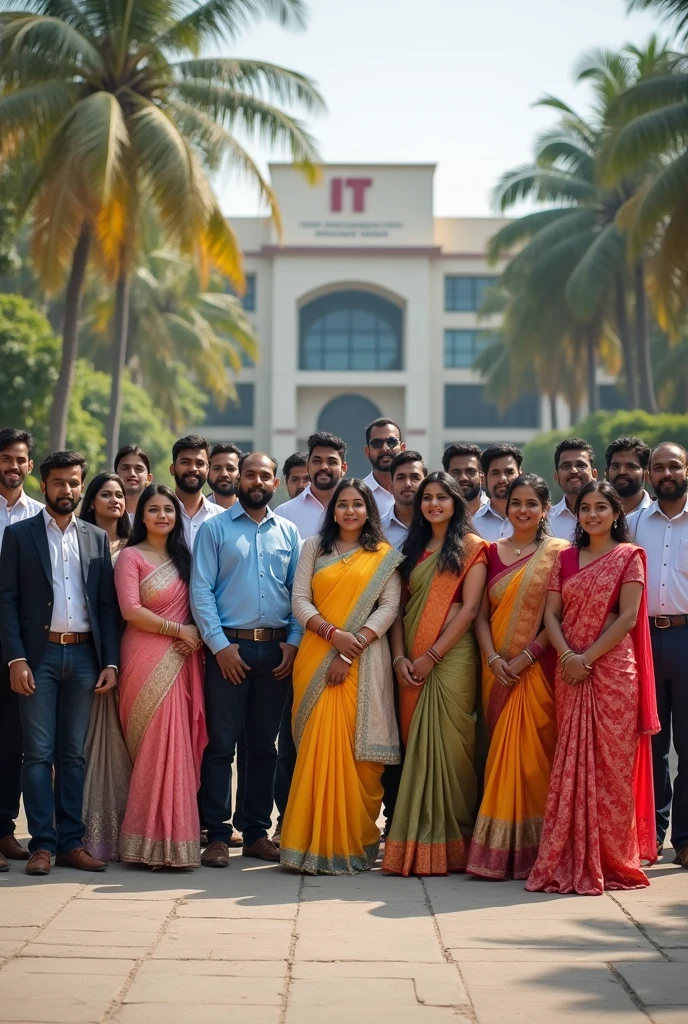 Make a photo of exact 23 Indian men and women (in formal dresses some in salwar some in jeans top). Add a background of IIT institute but don't add any name