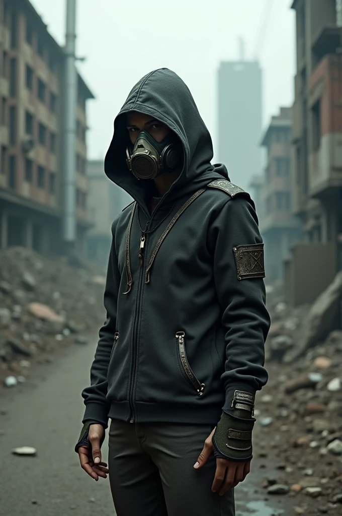 A man wearing a gas mask and a cool hoodie.