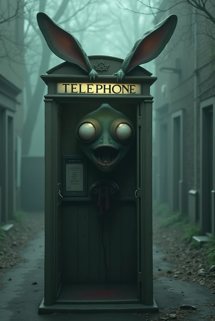Weird phone booth with rabbit ears and creepy weird eyes in which one eye is big then other big phone booth 