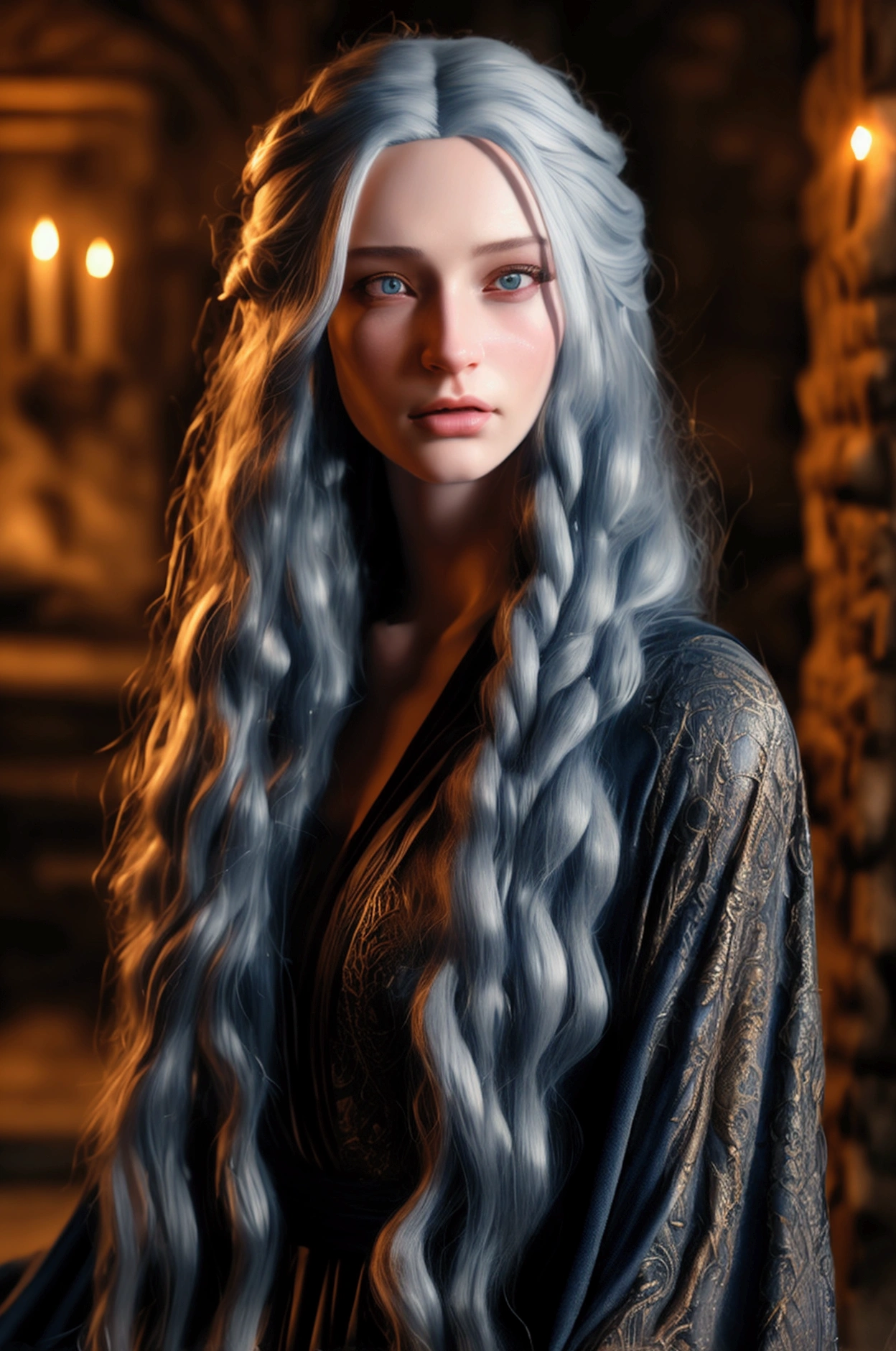 a beautiful young woman with long silver hair, piercing blue eyes, elegant facial features, pale skin, wearing a dark blue medieval dress, standing in a dimly lit castle interior with stone walls, (best quality,4k,8k,highres,masterpiece:1.2),ultra-detailed,(realistic,photorealistic,photo-realistic:1.37),portrait,fantasy,dramatic lighting,cinematic,moody atmosphere,intricate details