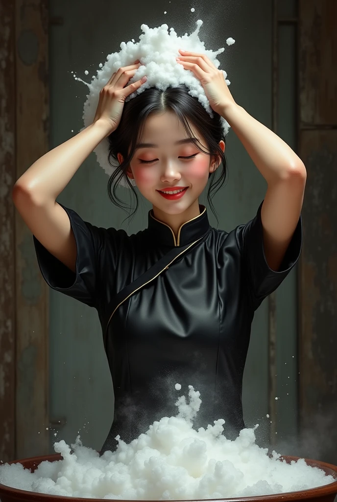 Create an Asian beauty,High-necked black printed short-sleeved traditional qipao,Scratching the scalp with both hands,Two hands washing hair on top of head,There is a lot of foam on the head,Foam wrap head,Realistic foam,The expression is happy,front,The characters are realistic and realistic,Ancient attic background,9:16 frames,Ultra HD painting