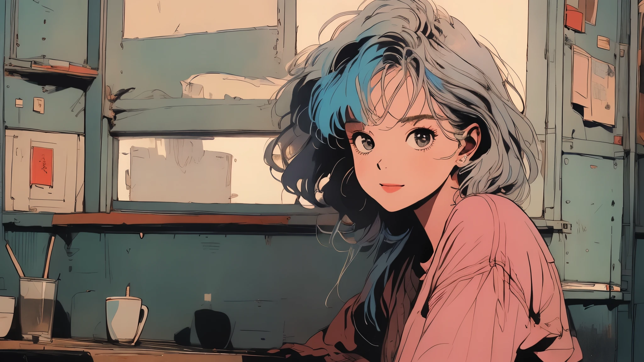 masterpiece, Highest quality, A Smile girl with pastel-colored hair, sitting in a cozy café, lost in her music. lofi hip hop, (solo), (solo focus)