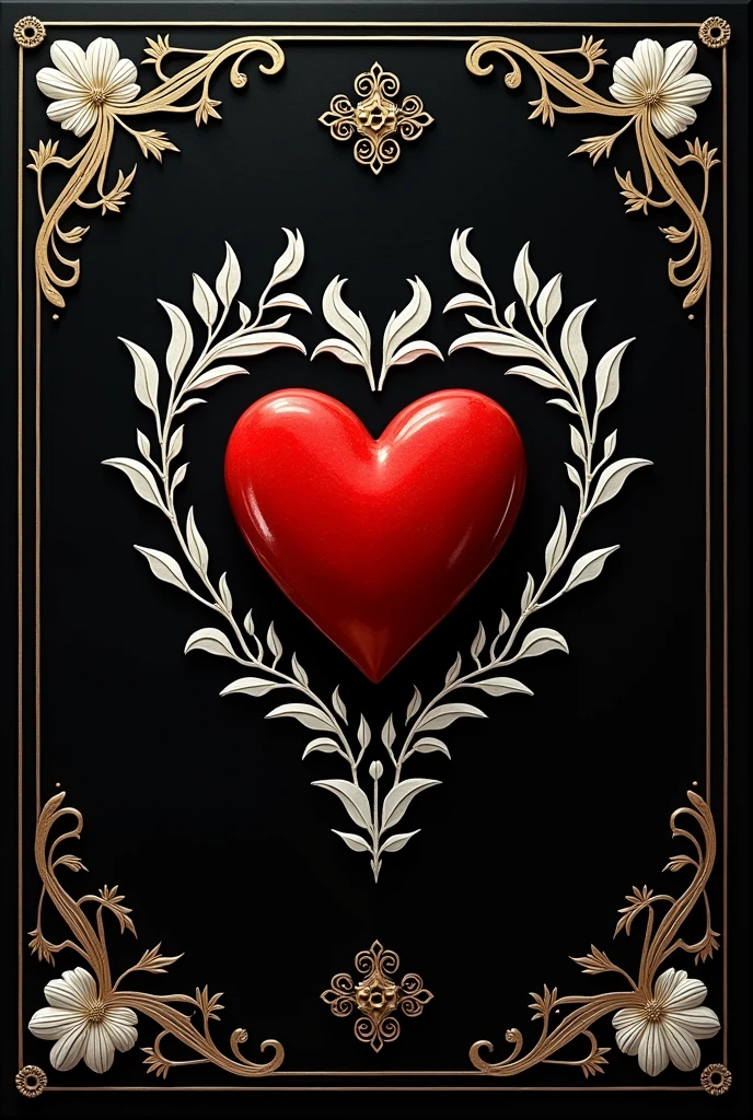Cover for a book called "Escuela de los corazones" An elegant black book with a heart in the middle, with beautiful white and golden touches