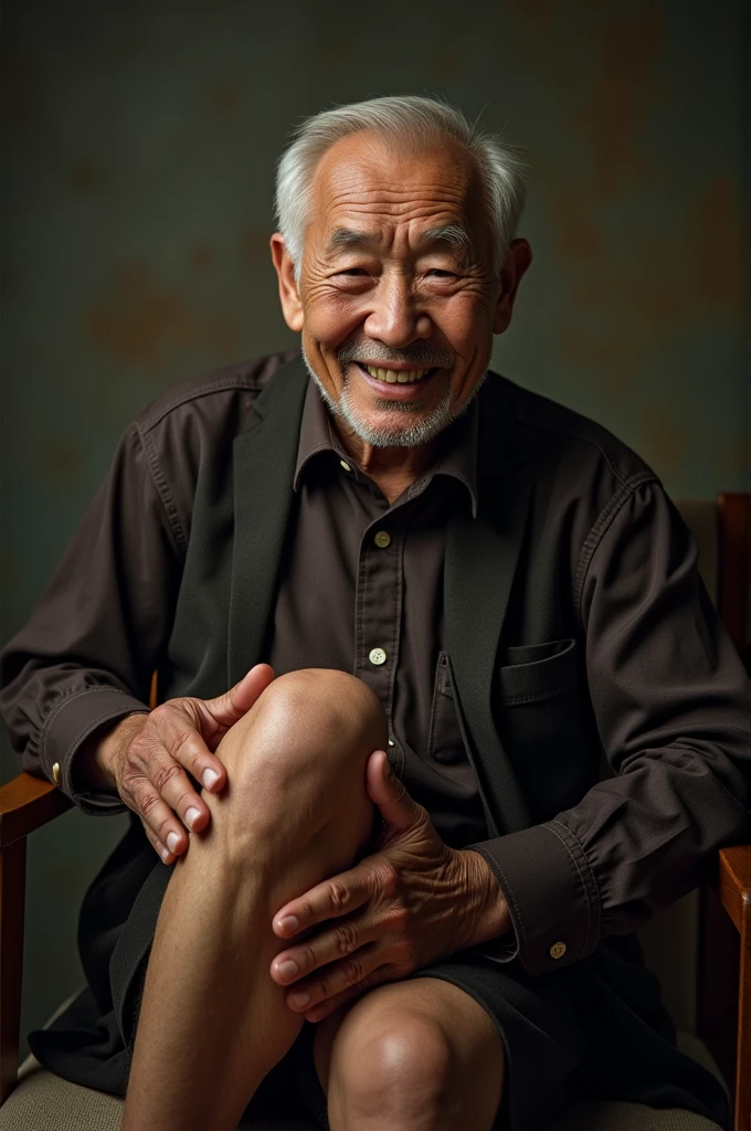 1 elegant old Vietnamese man holding his painful knee