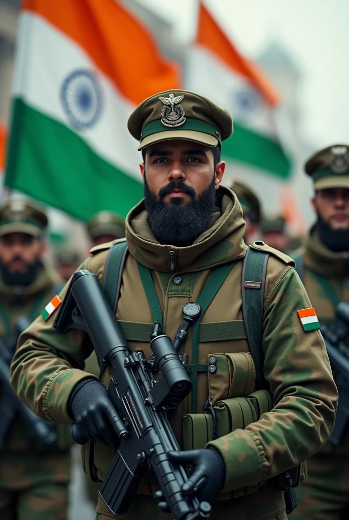 Multiple Indian flags
 indian muslim army soldiers with indian army dress badge with indian flag badge 
With adnvanced ai equipment guns
Cap badge with indian flag
Hdr
Face should look like asaduddin owaisi
With nightvision ai technology eauipped 

Indian flags tricolor badges on dress and cap