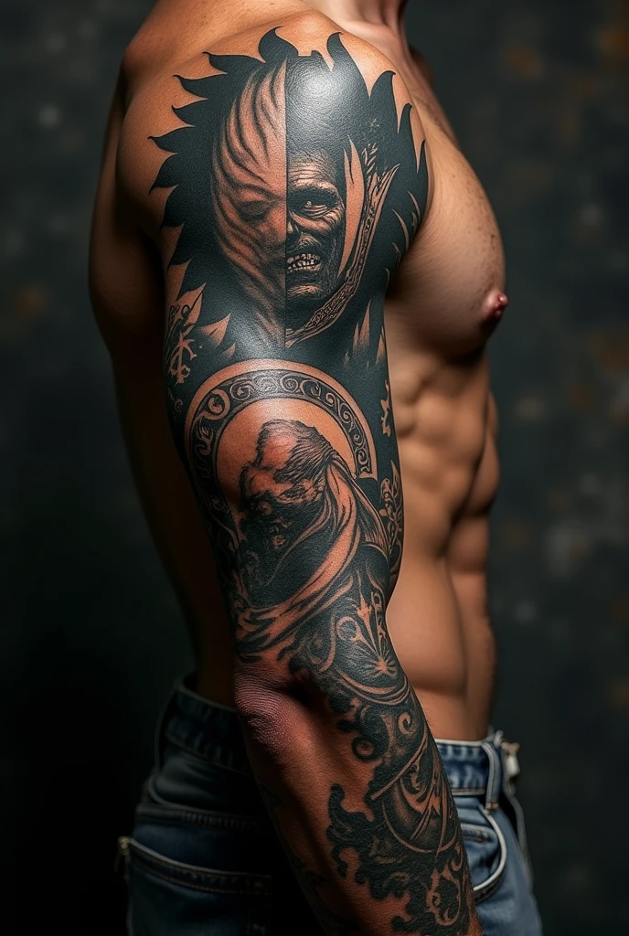 Arm sleeve tattoo representing good and evil