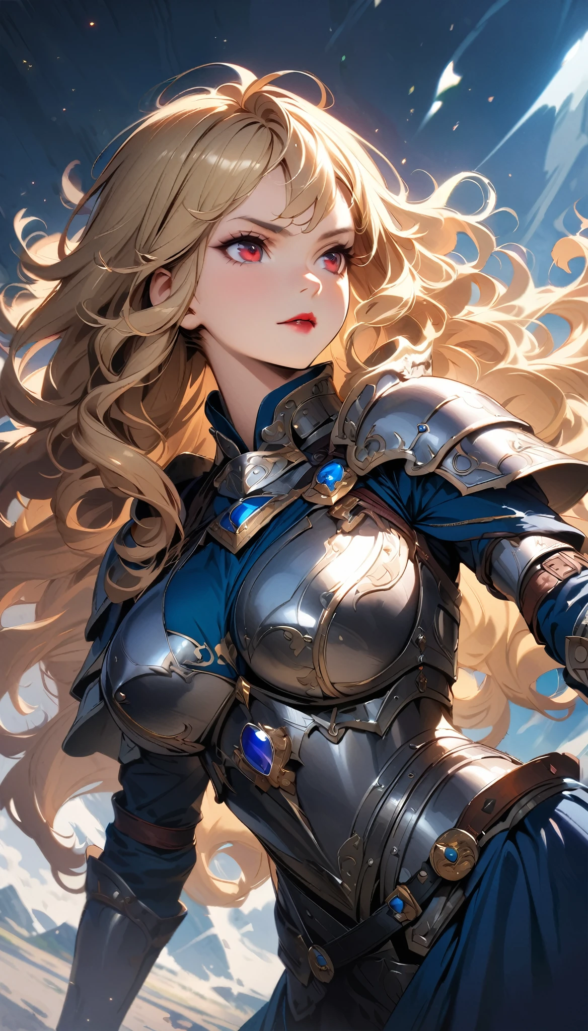 (best quality), (very aesthetic), (ultra-detailed), (best illustration), 1 woman, Solo, fine texture, light blonde hair, long hair, curly hair, dark red eyes, lipstick, (large breasts1.2), Western Armor, Silver Armor, Blue gemstone decoration, Blue cape, ready a sword