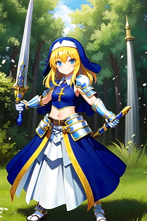 (masterpiece:1.5), best quality, (1girl, solo),
sourin, 1girl, solo, blonde hair, weapon, armor, cross, blue eyes, armored dress, midriff, navel, gauntlets, nun, habit, sword, polearm, shield, long hair
 blush, ( outdoors, forest, dynamic pose, looking at viewer, ) 