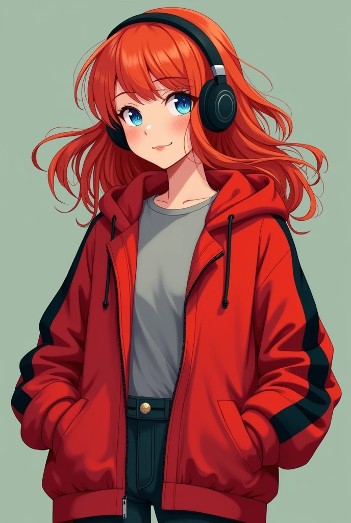Red-haired。Her hair is bouncing around and around。Smiling with droopy blue eyes。Wearing an oversized hoodie and headphones。The background is simple。The hoodie is mainly red with black on the arms and hood.。The parka is a jacket type.、Open。A simple, blank, greyish greenTWearing a shirt。