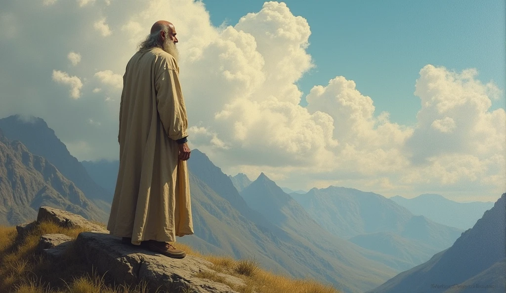 close shot, full body, rolf armstrong depicting old prophet enoch, brownish skin, long beard, bald, wearing simply full robes, stand up in mountain, empty hands, alone, against clouds background, ascending to heaven, broad brushstrokes, vivid, portraits, minimalist, inpaint, against chiaroscuro, esfumato, large painterly brushwork and brush strokes, by helene schjerfbeck, euan uglow.