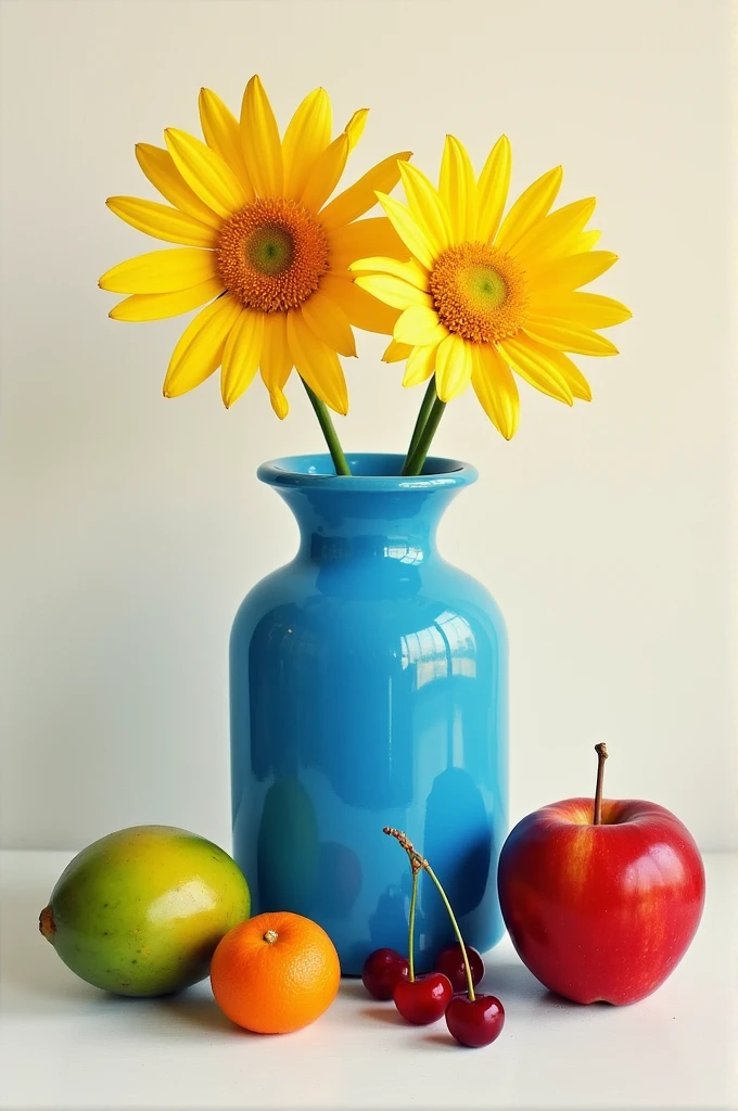 Plain blue vase with 2 plain yellow flowers, 1 red apple, 1 green mango , 1 ripe orange and 2 cherries in oil