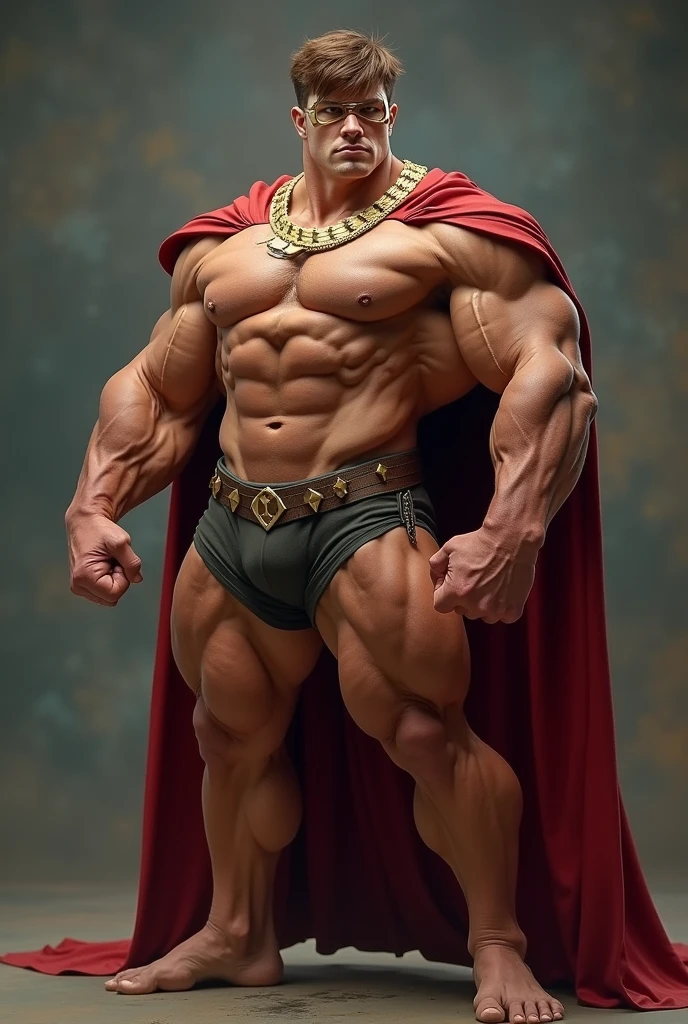 Dressed as the superhero “Mental Mind” a very handsome, sweet and truly massive monster Caucasian bodybuilder is showing off his huge bicep muscles and meaty thighs. Intense young adult. brown hair, powerfully muscled, massive shoulders and biceps. well-defined six pack. Thick gold necklace. Eye mask and cape