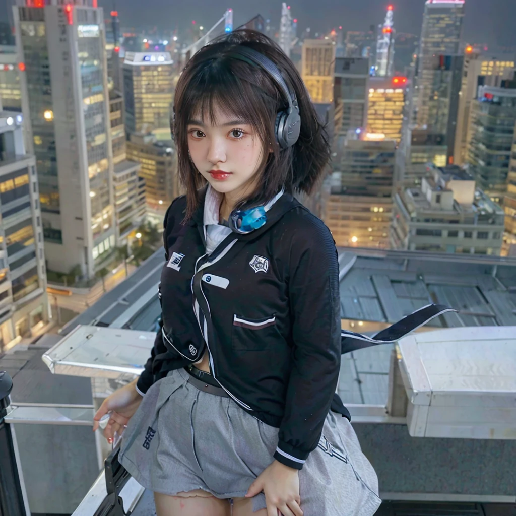 Beautiful detailed face，(POV). The (nations) cute mecha girl with (hairstyle), headphone, dresssed in black mecha-jacket with some katana, there is cute mecha-doll-bot by side hef. Standing on the top of highest building with city night view. 