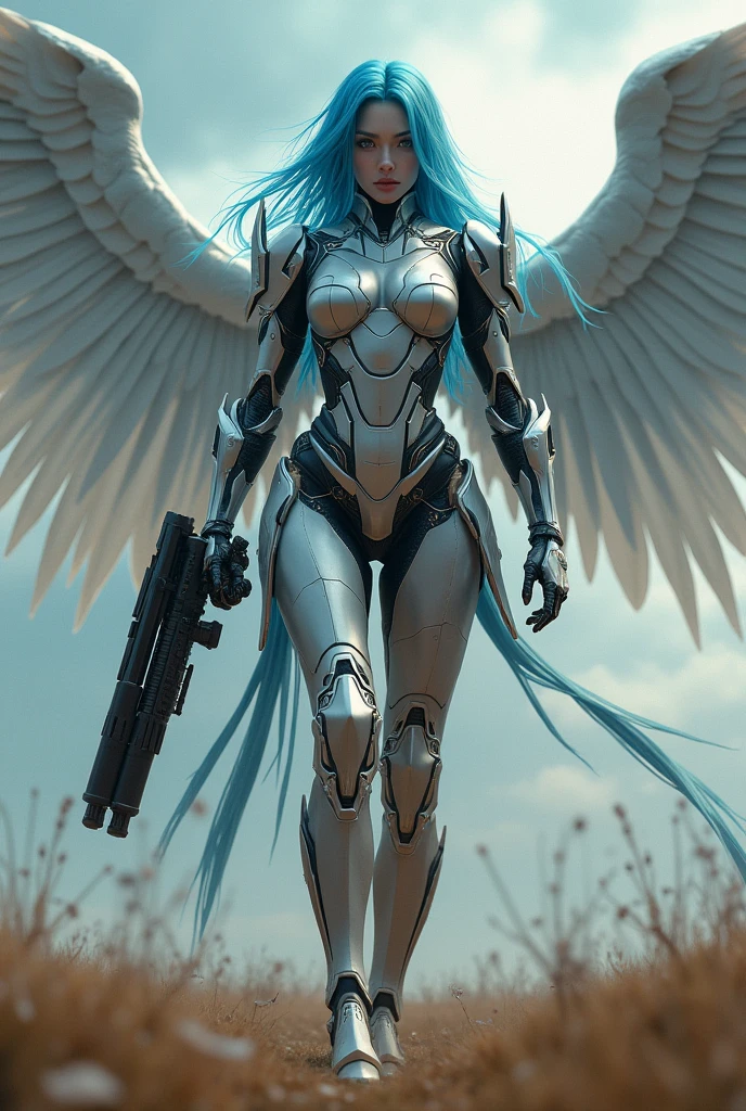 Equipped with a beam launcher. Equipped with a sight.blue hear,thunder archangel Raphael,war effect,REAL - style image of a woman with a sword in a field, cyberpunk art inspired by Leng Mei, cgsociety contest winner, fantasy art, beautiful cyborg angel girl, angel knight girl, as a mystical valkyrie, battle angel, angel in plastic armor, mechanized valkyrie girl, unreal engine 4k wallpaper, wraith from apex legends, epic angel wings