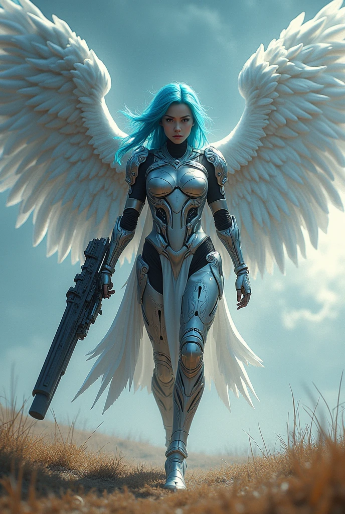 Equipped with a beam launcher. Equipped with a sight.blue hear,thunder archangel Raphael,war effect,REAL - style image of a woman with a sword in a field, cyberpunk art inspired by Leng Mei, cgsociety contest winner, fantasy art, beautiful cyborg angel girl, angel knight girl, as a mystical valkyrie, battle angel, angel in plastic armor, mechanized valkyrie girl, unreal engine 4k wallpaper, wraith from apex legends, epic angel wings