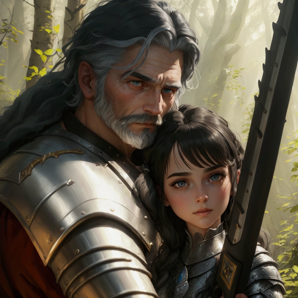 father and daughter, knight and his daughter, grizzled, beard and white hair, looks like Zeus 