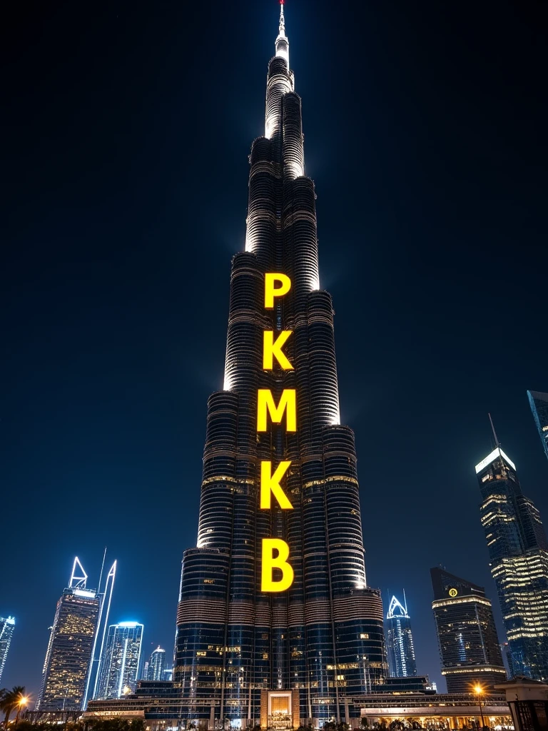 "PKMKB" word displaying on Burj khalifa in in blond capital letters at night