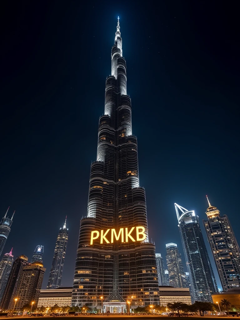 "PKMKB" word displaying on Burj khalifa in in blond capital letters at night