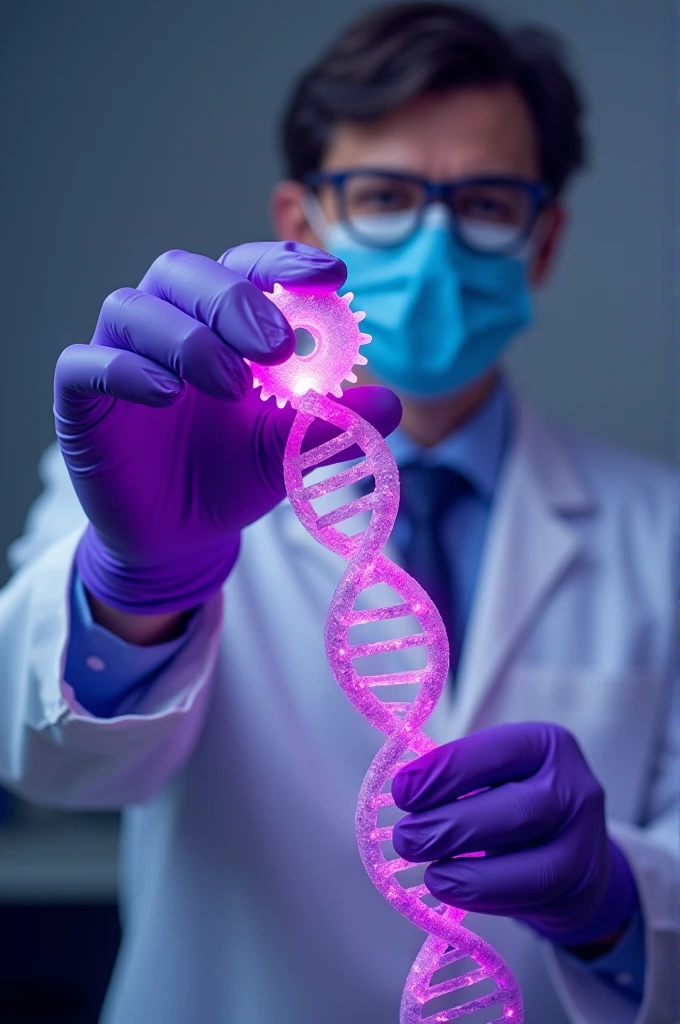 Generate a doctor holding up some DNA with full gear in a lab, strictly it must be landscape with purple aura