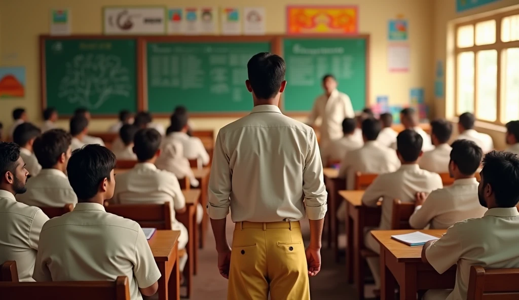 Back view of a teacher teaching in class with lots of male students in kerala 
